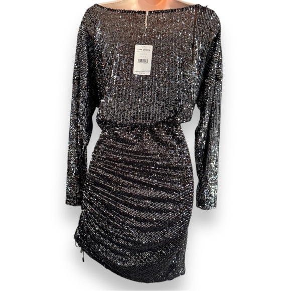 FREE PEOPLE Sequin GISELLE Drawstring Ruche Hem Graphite Mini Dress Medium NWT - Picture 4 of 11